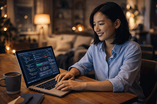 Remote QA tester pracuje z domu po kurze
